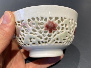 A Chinese reticulated double-walled cup with copper-red and celadon spots, Yongzheng