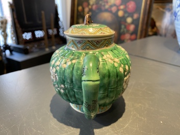 A Chinese ribbed verte biscuit teapot and cover, Kangxi