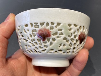 A Chinese reticulated double-walled cup with copper-red and celadon spots, Yongzheng