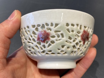 A Chinese reticulated double-walled cup with copper-red and celadon spots, Yongzheng