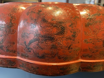 A large Chinese qiangjin and tianqi polychrome lacquer lobed 'dragon' box and cover, Kangxi/Qianlong