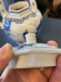 A large Chinese blue and white hexagonal teapot and cover, Transitional period