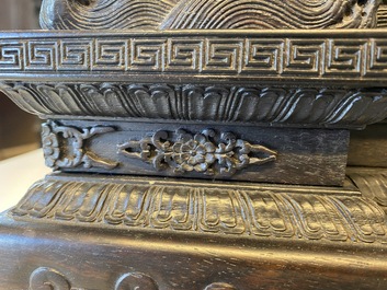 A pair of Chinese wooden table screens with soapstone- and bone-embellished medallions, 18/19th C.