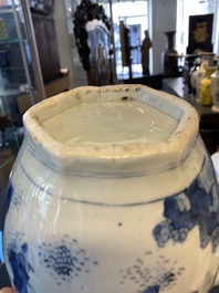 A large Chinese blue and white hexagonal teapot and cover, Transitional period