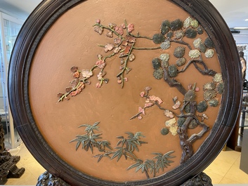 A pair of Chinese wooden table screens with soapstone- and bone-embellished medallions, 18/19th C.