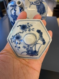 A large Chinese blue and white hexagonal teapot and cover, Transitional period