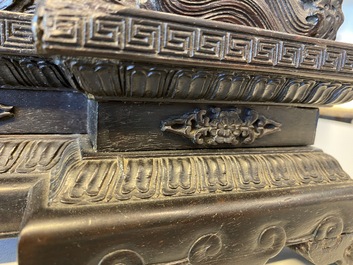 A pair of Chinese wooden table screens with soapstone- and bone-embellished medallions, 18/19th C.