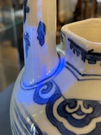 A large Chinese blue and white hexagonal teapot and cover, Transitional period