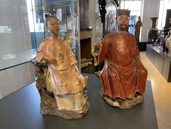 A pair of Chinese painted pottery nodding head figures, Qianlong