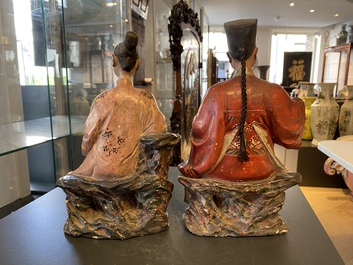 A pair of Chinese painted pottery nodding head figures, Qianlong