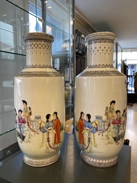 A pair of Chinese famille rose rouleau vases with musicians, Qianlong mark, Republic