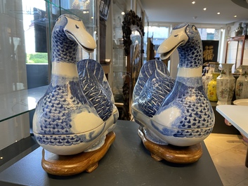 A pair of Chinese blue and white duck-shaped tureens and covers, Republic