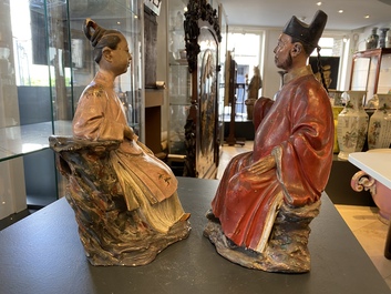 A pair of Chinese painted pottery nodding head figures, Qianlong