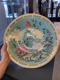 A large Chinese famille rose turquoise-ground dish, Guangxu mark and of the period