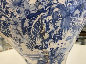 An exceptionally large blue and white baluster vase with naturalistic design, Delft or Frankfurt, late 17th C.