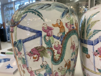Two Chinese famille rose 'spring festival' jars and covers, 19th C.
