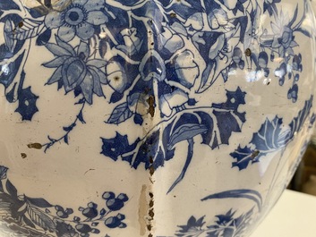 An exceptionally large blue and white baluster vase with naturalistic design, Delft or Frankfurt, late 17th C.