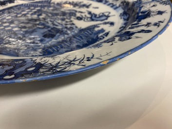 A finely painted and thin-walled large Dutch Delft blue and white chinoiserie dish, late 17th C.