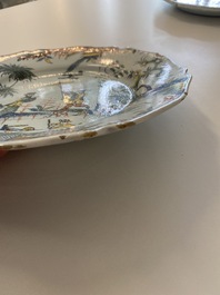 A fine polychrome French faience 'chinoiserie' dish with lobed border, Rouen, 1st half 18th C.