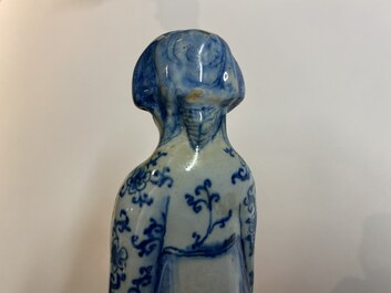 Two Dutch Delft blue and white figures of a Chinese man and woman, 1st quarter 18th C.