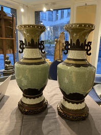 A pair of Chinese Nanking crackle-glazed vases on bronze stands, 19th C.