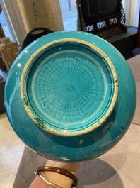 A Chinese monochrome turquoise-glazed bottle vase, 18th C.
