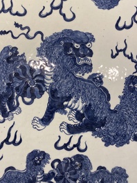 A large Chinese blue and white 'Buddhist lions' plaque, 19th C.