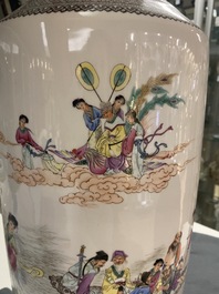 A Chinese famille rose 'immortals' vase and a jar with a lady and boys in a garden, Qianlong mark, Republic