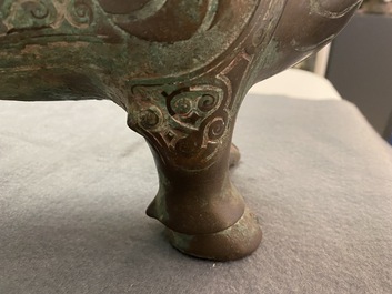 A Chinese ram-shaped silver-inlaid bronze 'xizun' vessel, Ming