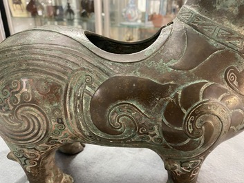 A Chinese ram-shaped silver-inlaid bronze 'xizun' vessel, Ming