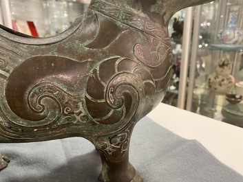 A Chinese ram-shaped silver-inlaid bronze 'xizun' vessel, Ming