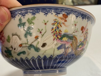 A Chinese famille rose 'cranes and phoenix' bowl, Qianlong mark, 18/19th C.