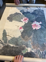 Tian Shiguang (1916-1999) en Yu Fei'an (1889-1959): 'Ijsvogel bij lotusbloemen', inkt en kleur op papier, gedat. 1946