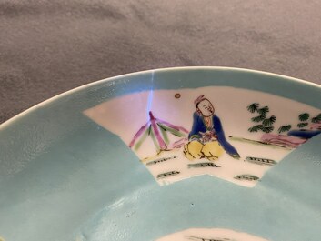 A Chinese turquoise-ground famille rose eggshell porcelain plate, Yongzheng mark and of the period
