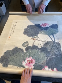 Tian Shiguang (1916-1999) en Yu Fei'an (1889-1959): 'Ijsvogel bij lotusbloemen', inkt en kleur op papier, gedat. 1946