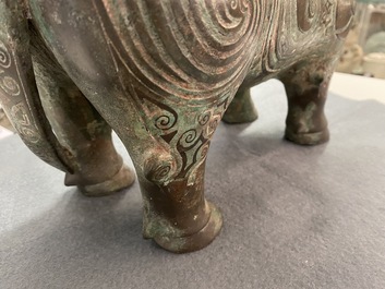 A Chinese ram-shaped silver-inlaid bronze 'xizun' vessel, Ming