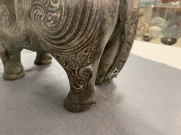 A Chinese ram-shaped silver-inlaid bronze 'xizun' vessel, Ming