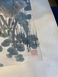 Tian Shiguang (1916-1999) et Yu Fei'an (1889-1959): 'Martin-p&ecirc;cheur sur fleurs de lotus', encre et couleurs sur papier, dat&eacute; 1946