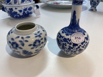 A Chinese blue and white 'soft paste' Ming-style bottle vase and a water pot, Qianlong and 19th C.