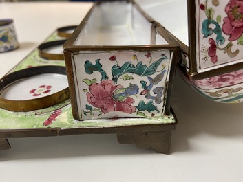 A Chinese rectangular Canton enamel desk set, Qianlong