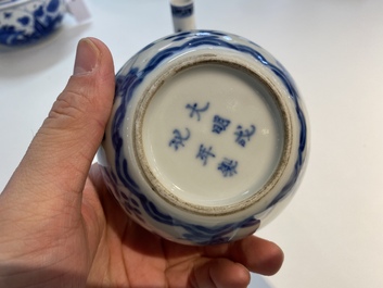 A Chinese blue and white 'soft paste' Ming-style bottle vase and a water pot, Qianlong and 19th C.