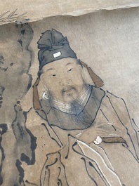 Luo Qing (1821-1899): quatre rouleaux figurant des personnages dans des paysages, encre et couleurs sur papier