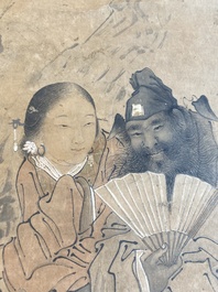 Luo Qing (1821-1899): quatre rouleaux figurant des personnages dans des paysages, encre et couleurs sur papier