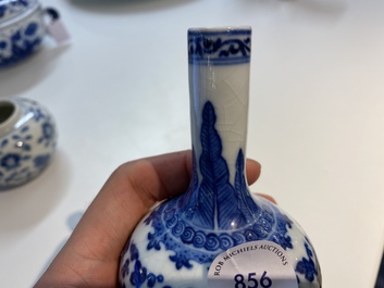 A Chinese blue and white 'soft paste' Ming-style bottle vase and a water pot, Qianlong and 19th C.