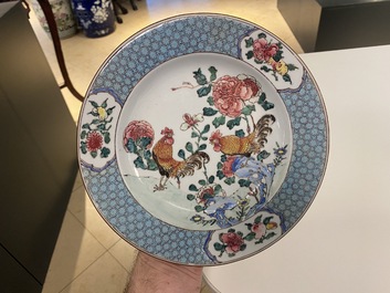 A Chinese famille rose 'roosters' plate, Yongzheng