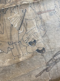 Luo Qing (1821-1899): quatre rouleaux figurant des personnages dans des paysages, encre et couleurs sur papier