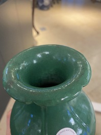 A Chinese monochrome green-glazed vase, Yongzheng seal mark, 18/19th C.