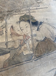 Luo Qing (1821-1899): quatre rouleaux figurant des personnages dans des paysages, encre et couleurs sur papier