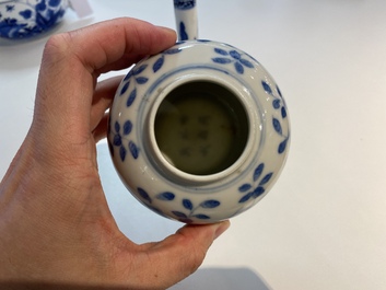 A Chinese blue and white 'soft paste' Ming-style bottle vase and a water pot, Qianlong and 19th C.