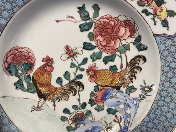 A Chinese famille rose 'roosters' plate, Yongzheng